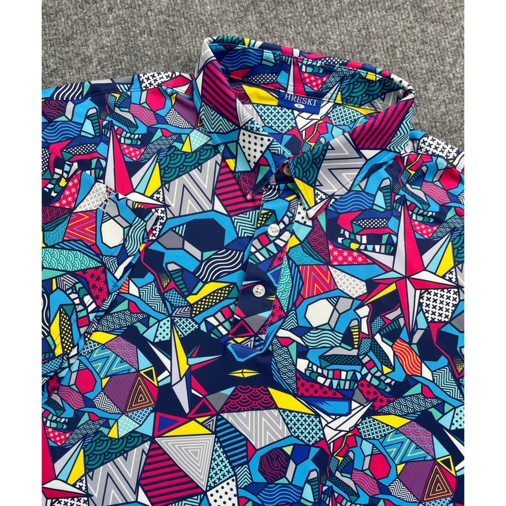 Hreski Polo Shirt Mens XL Multi Color Geometric Skull Abstract Performance Golf